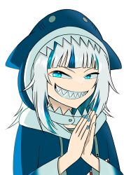  1girl absurdres animal_hood blue_eyes blue_sweater evil_grin evil_smile gawr_gura grey_hair grin highres hololive hololive_english hood looking_at_viewer rubbing_hands_together scheming shark_hood sharp_teeth short_hair smile sweater teeth zeon_(zzeeonn) 