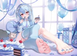  1girl :o absurdres balloon barefoot birthday_cake blue_hair blue_hairband blue_jacket blue_nails blue_shirt blue_skirt blue_thighhighs blush bow box bright_pupils cake cake_slice cherry commentary_request double-parted_bangs feet fingernails food foot_focus foreshortening fork frilled_hairband frills fruit gift gift_box hair_between_eyes hair_bow hair_ornament hairband head_tilt heart heart-shaped_pillow heart_balloon hectyne highres holding holding_fork holding_plate jacket legs long_hair long_sleeves looking_at_viewer nail_polish no_shoes off_shoulder open_clothes open_jacket original panties pantyshot parted_lips petals pillow plate red_eyes shirt single_thighhigh sitting skirt soles solo stuffed_animal stuffed_toy teddy_bear thighhighs toeless_legwear toenail_polish toenails toes two_side_up underwear very_long_hair white_bow white_panties white_pupils window x_hair_ornament 