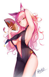 1girl animal_ear_fluff animal_ears arm_behind_head armpits bare_shoulders bell black_dress black_gloves blush breasts center_opening china_dress chinese_clothes dress fate/grand_order fate_(series) folding_fan fox_ears fox_girl fox_tail gloves hair_between_eyes hand_fan highres hip_focus jingle_bell koyanskaya_(chinese_lostbelt_outfit)_(fate) koyanskaya_(fate) large_breasts long_hair looking_at_viewer mole mole_on_breast nail_polish pink_hair sideboob simple_background smile solo tail tamamo_(fate) thighs tsuki_no_i-min underboob white_background yellow_eyes rating:Sensitive score:63 user:danbooru