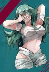  1girl alternate_breast_size arm_up armpit_peek bandaged_arm bandaged_leg bandages breasts collarbone cropped_legs eto_(tokyo_ghoul) green_background green_eyes grin gumi_(the_eye_of_darkness) hand_on_own_face highres large_breasts long_hair naked_bandage navel red_background red_eyes sarashi smile solo tokyo_ghoul  rating:Sensitive score:30 user:danbooru