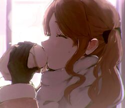  1girl amagami baozi black_gloves brown_hair close-up closed_mouth eating food gloves highres holding holding_food long_hair long_sleeves nakata_sae portrait profile solo tenpanco twintails 