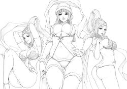  10s 3girls anklet armpits ass breasts butt_crack cameltoe cleavage final_fantasy final_fantasy_xv finger_to_mouth gentiana gloves greyscale hagoromo hand_on_own_hip hat highres huge_breasts jewelry lineart looking_at_viewer mole mole_under_mouth monochrome multiple_girls multiple_persona newash onewasho parted_lips pointy_ears revealing_clothes santa_hat shawl shiva_(final_fantasy) simple_background spoilers thong white_background 