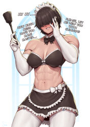  1girl abs absurdres bikini bikini_top_only black_bikini black_bow black_bowtie black_skirt blush bow bow_skirt bowtie breasts collarbone cowboy_shot detached_collar elbow_gloves english_text frilled_bikini frilled_skirt frills gloves grin hair_over_eyes hands_up highres holding large_breasts maid maid_bikini maid_headdress midriff miniskirt muscular muscular_female navel nose_blush original parted_lips skirt smile solo speedl00ver swimsuit thighhighs unconventional_maid white_bow white_gloves white_thighhighs  rating:Sensitive score:58 user:danbooru