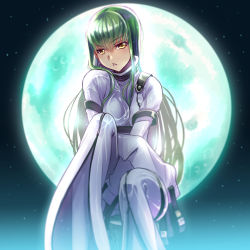  1girl bodysuit c.c. code_geass full_moon green_hair highres invisible_chair long_hair looking_at_viewer moon parted_lips sitting sky sleeves_past_fingers sleeves_past_wrists solo star_(sky) starry_sky very_long_hair wadapen white_bodysuit yellow_eyes 