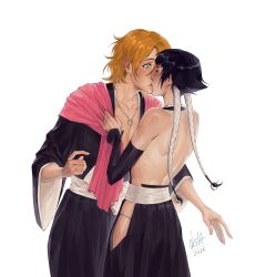  2girls absurdres auntyokula backless_outfit black_kimono bleach bleach:_sennen_kessen-hen blush breasts cleavage closed_eyes commission commissioner_upload grabbing highres hip_vent japanese_clothes kimono kiss large_breasts long_hair matsumoto_rangiku multiple_girls short_hair_with_long_locks sui-feng surprise_kiss surprised twintails wide_sleeves yuri 