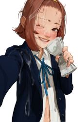  1girl blazer brown_hair cum cum_on_clothes diathorn facial hairband jacket k-on! looking_at_viewer money one_eye_closed selfie tainaka_ritsu wink  rating:Explicit score:140 user:Palop