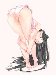  1girl absurdres ass barefoot bent_over black_hair blush brown_eyes cameltoe camisole cleft_of_venus denden_taiko double_bun facial_mark fate/grand_order fate_(series) feet forehead_mark from_behind full_body hair_bun highres kneepits leg_up legs long_hair panties pink_background pink_camisole sessyoin_kiara sessyoin_kiara_(lily) simple_background smile soles solo strap_slip thighs underwear very_long_hair white_panties 