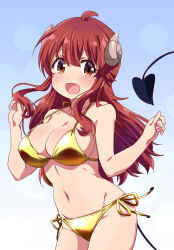  1girl :d ahoge alternate_costume bare_arms bare_shoulders bikini blue_background blush breasts brown_eyes brown_hair cleavage commentary cowboy_shot curled_horns curvy demon_girl demon_horns demon_tail eyelashes fang floating_hair gold_bikini gradient_background groin hair_between_eyes halterneck hands_up happy highres horns large_breasts long_hair looking_at_viewer machikado_mazoku mukaibi_aoi navel open_mouth side-tie_bikini_bottom sidelocks simple_background skin_fang smile solo stomach swimsuit tail tail_raised tareme very_long_hair w_arms white_background yoshida_yuuko_(machikado_mazoku) 