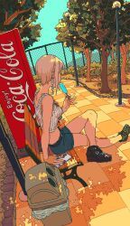  1girl arm_support blue_sky breasts bush cellphone chain-link_fence coca-cola commentary_request crop_top dappled_sunlight denim denim_shorts drop_earrings dutch_angle earrings eating facing_away fence figure_four_sitting flower_earrings food from_side grey_hair hand_up highres holding holding_food holding_popsicle idolmaster idolmaster_cinderella_girls jewelry lamppost large_breasts multiple_rings namiko817 on_bench outdoors outstretched_leg park path phone popsicle purple_nails ribbed_tank_top ring road shade shiomi_syuko short_hair short_shorts shorts sidelocks sitting sky smartphone solo sunlight tank_top trash_can tree vending_machine white_tank_top 