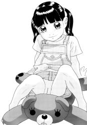  1girl bottomless female_focus greyscale hayashibara_hikari highres loli looking_at_viewer monochrome original overalls pussy sitting smile solo spread_legs stuffed_animal stuffed_toy teddy_bear third-party_edit twintails uncensored  rating:Explicit score:40 user:bobfan