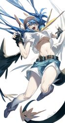  1girl absurdres angel_wings asymmetrical_wings bare_legs belt black_gloves blue_hair boots breasts brown_footwear brown_hat crop_top denim denim_shorts dizzy_(guilty_gear) fingerless_gloves gloves groin guilty_gear guilty_gear_xx hair_between_eyes hair_over_one_eye hat highres large_breasts long_hair midriff monster_girl onigiri_post_0 open_mouth red_eyes ribbon sailor_collar shaded_face short_shorts shorts simple_background solo tail tail_ornament tail_ribbon twintails twitter_username underboob white_background wings yellow_ribbon  rating:Sensitive score:9 user:danbooru
