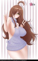 1girl bare_shoulders blush breasts brown_hair cleavage_cutout clothing_cutout cloud_dg double_v embarrassed huge_breasts kono_subarashii_sekai_ni_shukufuku_wo! long_hair meme_attire one_eye_covered sideboob sleeveless v very_long_hair virgin_killer_sweater wiz_(konosuba) yellow_eyes