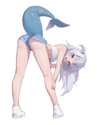  1girl absurdres ass bare_legs bare_shoulders bent_over blue_eyes blue_hair blunt_bangs blush commentary crop_top denim denim_shorts english_commentary fang female_focus fins fish_tail from_behind full_body gawr_gura grey_hair hair_ornament hand_on_own_leg highres hirotaka0125 hololive hololive_english kneepits leaning_forward loli looking_at_viewer looking_back medium_hair multicolored_hair naughty_face open_mouth saliva saliva_trail shark_girl shark_tail shoes short_shorts shorts simple_background sneakers solo streaked_hair tail tongue tongue_out two_side_up virtual_youtuber white_background white_footwear  rating:Sensitive score:375 user:danbooru