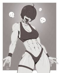  1girl abs absurdres armlet bare_arms bare_shoulders bracelet breasts choker cleavage hair_over_eyes highleg highleg_panties highres jewelry long_bangs monochrome muscular muscular_female navel open_mouth original panties simple_background sketch skull solo speedl00ver sports_bra standing teeth thigh_strap thighs tomboy tongue tongue_out two-tone_background underwear upper_teeth_only  rating:Sensitive score:47 user:danbooru