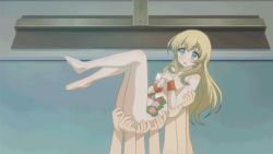  10s 1girl animated animated_gif bekki_natsumi blonde_hair blue_eyes blush defenestration falling food long_hair lowres lying no-rin nude nyotaimori on_back open_mouth solo sushi tray window  rating:Questionable score:78 user:QAiizx