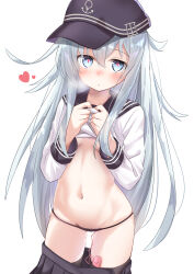  1girl absurdres black_hat black_panties black_skirt blue_eyes blue_hair blush breasts clothes_lift clothes_pull cowboy_shot female_focus hat heart heart-shaped_pupils hibiki_(kancolle) highres kantai_collection lifted_by_self light_blue_hair loli long_hair looking_at_viewer lowleg lowleg_panties navel nose_blush panties pleated_skirt pussy_juice pussy_juice_trail remote_control_vibrator sailor_collar sailor_hat sailor_shirt sex_toy shirt shirt_lift sidelocks simple_background skindentation skirt skirt_pull small_breasts solo stomach symbol-shaped_pupils thighhighs triangle_mouth unbuttoned underboob underwear very_long_hair vibrator vibrator_cord vibrator_in_thighhighs vibrator_under_clothes vibrator_under_panties white_background white_shirt 