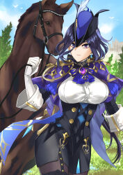  1girl absurdres ascot black_skirt blue_ascot blue_sky breasts clorinde_(genshin_impact) commentary_request corset cowboy_shot day earrings genshin_impact gloves hat hat_feather highres horse jewelry large_breasts looking_at_viewer miniskirt nappa-nappa outdoors pantyhose pencil_skirt purple_eyes purple_hair shirt skirt sky solo standing tricorne white_gloves white_shirt 