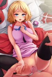  1boy 1girl ash_ketchum baseball_cap black_thighhighs blonde_hair blue_eyes breasts censored commentary_request creatures_(company) cum cum_in_pussy cum_overflow game_freak hat hetero highres large_breasts looking_at_viewer missionary mosaic_censoring nintendo on_bed open_mouth penis pink_shirt poke_ball pokemon pokemon_(anime) pokemon_xy_(anime) pov serena_(pokemon) sex shirt short_hair sleeveless sleeveless_shirt thighhighs toiro_gawon vaginal  rating:Explicit score:9 user:danbooru