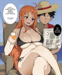 1boy 1girl ass bare_legs bare_shoulders bikini black_bikini blush breasts brown_eyes chair commentary crossed_legs cup feet_out_of_frame hat highres holding holding_cup kisou_(kisou00) large_breasts long_hair monkey_d._luffy nami_(one_piece) newspaper one_piece orange_eyes orange_hair patreon_logo patreon_username shiny_skin shoulder_tattoo side-tie_bikini_bottom sitting smile sun_hat swimsuit symbol-only_commentary tattoo thighs very_long_hair watermark web_address wide_hips rating:Sensitive score:141 user:danbooru