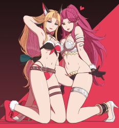  2girls :d ;p angela_(seiken_densetsu_3) animal_ear_fluff animal_ears arm_behind_head arm_up armlet armor armpits belt belt_buckle bikini bikini_armor bikini_pull black_gloves blood blue_eyes bow breasts buckle cleavage clothes_pull commentary_request earrings forehead full_body fur-trimmed_bikini fur-trimmed_footwear fur-trimmed_gloves fur_trim gloves green_bow green_eyes hair_bow high_heels holding_hands jewelry kneeling long_hair looking_at_viewer low-tied_long_hair medium_breasts mizuno_(pixiv31352320) multiple_girls navel necklace one_eye_closed on_one_knee open_mouth parted_bangs pointy_ears pulled_by_self purple_hair red_footwear riesz seiken_densetsu seiken_densetsu_3 sidelocks smile stomach swimsuit thigh_strap thighlet tongue tongue_out two-tone_background two-tone_bikini very_long_hair white_footwear  rating:Sensitive score:145 user:danbooru