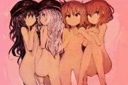 4girls absurdres akatsuki_(kancolle) ass blue_eyes breasts brown_eyes brown_hair commentary completely_nude flat_cap flat_chest folded_ponytail hair_between_eyes hair_ornament hairclip hands_on_own_chest hat hibiki_(kancolle) highres ikazuchi_(kancolle) inazuma_(kancolle) kaamin_(mariarose753) kantai_collection light_frown light_smile locked_arms loli long_hair looking_at_viewer looking_back lying medium_breasts multiple_girls no_navel no_nipples no_pussy nude on_back on_stomach pink_background purple_eyes purple_hair short_hair silver_hair white_background rating:Questionable score:36 user:danbooru