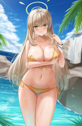  1girl bikini blonde_hair blue_archive blue_sky breasts closed_mouth cloud commentary_request covering_breasts covering_privates cowboy_shot day gluteal_fold green_eyes hair_between_eyes halo hat highres horizon large_breasts lazb. long_hair looking_at_viewer navel nonomi_(blue_archive) nonomi_(swimsuit)_(blue_archive) ocean official_alternate_costume outdoors sky smile solo standing sun_hat swimsuit thighs towel unworn_hat unworn_headwear very_long_hair white_hat white_towel yellow_bikini 