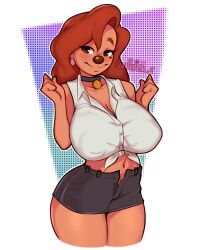  (a 1girl 2021 a_goofy_movie bad_tag bare_legs bare_midriff bent_wrist blush breasts brown_hair choker cleavage covered_erect_nipples curvy disney earrings female female_focus goof_troop goofy jakuson_z jewelry long_hair miniskirt movie) navel roxanne roxanne_(a_goofy_movie) roxanne_(goof_troop) shirt shorts simple_background skimpy skimpy_clothes skirt sleeveless sleeveless_shirt solo thighs tied_shirt wide_hips 