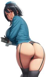 1girl :o ass bad_id bad_tumblr_id black_gloves black_hair black_panties breasts colorized commentary from_behind garter_straps gloves hat highres hip_focus kantai_collection large_breasts long_hair looking_at_viewer looking_back lvl_(sentrythe2310) open_mouth panties photo-referenced simple_background solo standing takao_(kancolle) thick_thighs thighs underwear white_background wide_hips rating:Explicit score:144 user:danbooru