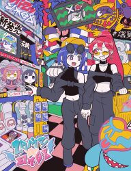  2girls black_salvo blue-tinted_eyewear blue_eyes blue_hair breasts character_doll chest_belt commentary_request couple cropped_vest demon_wings doll don_quijote_(store) donpen duel_monster evil_twin_ki-sikil evil_twin_lil-la eyewear_on_head gloves grin hat highres holding_hands indoors interlocked_fingers jacket ki-sikil_(yu-gi-oh!) large_breasts lil-la_(yu-gi-oh!) live_twin_ki-sikil live_twin_lil-la long_hair melffy_rabby midriff multiple_girls navel nuvia_the_wicked one_eye_closed open_mouth orange-tinted_eyewear pink_hair pink_wings rabbit shop shopping short_hair smile stuffed_toy sunglasses tinted_eyewear vest wadatsumi_(sense11531153) wings yu-gi-oh! yuri 