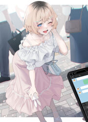  1girl ;d absurdres bag black_hair blonde_hair blue_eyes blush breasts cellphone crowd hair_ornament hairclip highres holding holding_phone large_breasts leaning_forward looking_at_viewer medium_breasts multicolored_hair one_eye_closed open_mouth original phone phone_with_ears pink_skirt pov pov_hands rerrere shirt short_hair short_sleeves shoulder_bag skirt smartphone smile solo_focus white_shirt  rating:Sensitive score:7 user:danbooru