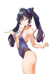  1girl absurdres asymmetrical_bangs bare_legs black_hair blue_one-piece_swimsuit breasts cleavage female_focus from_side genshin_impact green_eyes hair_ribbon hand_up highleg highleg_swimsuit highres long_hair looking_at_viewer looking_to_the_side medium_breasts mona_(genshin_impact) one-piece_swimsuit ribbon smile solo swimsuit twintails zhileng_zhil  rating:Sensitive score:34 user:danbooru