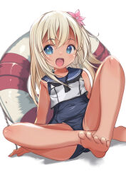  1girl absurdres blonde_hair blue_eyes blush breasts crop_top flower hair_flower hair_ornament highres kantai_collection lifebuoy long_hair looking_at_viewer one-piece_swimsuit one-piece_tan open_mouth ro-500_(kancolle) sailor_collar school_swimsuit school_uniform serafuku simple_background sitting smile solo swim_ring swimsuit swimsuit_under_clothes tan tanline white_background yashin_(yasinz) 