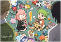  ! 2boys 2girls anya_(spy_x_family) artist_name ball black_dress block_(object) blonde_hair border child child&#039;s_drawing commentary_request crayon crossover director_chimera_(spy_x_family) dress duralumin father_and_daughter glass green_sweater_vest holding holding_toy indoors koiwai_yotsuba long_sleeves looking_at_another manga_(object) messy_room mr._koiwai multiple_boys multiple_girls on_floor open_mouth origami pink_hair playing rectangular_mouth scissors shirt short_sleeves sitting soccer_ball spy_x_family stuffed_animal stuffed_toy surprised sweat sweater_vest teddy_bear toilet_paper_tube toy toy_car twilight_(spy_x_family) twitter_username wariza white_border white_shirt yotsubato! yuko666 
