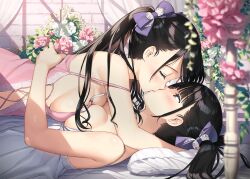  2girls bare_arms bare_shoulders black_hair blurry blurry_foreground blush bow breast_press breasts brown_eyes chemise closed_eyes depth_of_field flower hair_bow highres hug incest indoors kantoku kiss lace_trim large_breasts lingerie long_hair looking_at_another lying lying_on_person medium_breasts multiple_girls on_back on_bed on_stomach original pink_flower profile purple_bow siblings sideboob sisters sunlight symmetrical_docking twins twintails underwear underwear_only upper_body white_flower yuri 