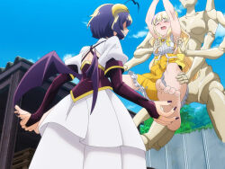  2girls ahoge armpits arms_up barefoot bat_wings blonde_hair blush bow breasts closed_eyes corset drooling feet frilled_skirt frills grin highres hiiragi_utena horns magia_baiser magia_sulfur magical_girl mahou_shoujo_ni_akogarete mannequin multiple_girls official_art open_mouth outdoors purple_hair restrained ribbon screencap shaded_face skirt small_breasts smile stitched tagme teeth tenkawa_kaoruko third-party_edit tickling torn_clothes wings yuri  rating:Questionable score:39 user:KRider19