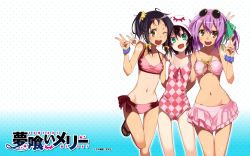  &gt;:d 3girls :d ;d alternate_hair_color artist_name bandeau bikini black_hair brown_eyes casual_one-piece_swimsuit checkered_clothes checkered_swimsuit copyright_name double_v eyewear_on_head facial_mark fang front-tie_top girl_sandwich green_eyes hat highres kounagi_yui merry_nightmare multiple_girls navel official_art official_wallpaper one-piece_swimsuit one-piece_tan one_eye_closed open_mouth pink_one-piece_swimsuit ponytail purple_hair ribbon sandals sandwiched scrunchie short_hair side_ponytail smile sunglasses swimsuit tachibana_isana tan tanline ushiki_yoshitaka v v-shaped_eyebrows wallpaper wink wrist_scrunchie yumekui_merry  rating:Sensitive score:39 user:danbooru