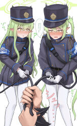  ... 1boy 2girls :d ? absurdres aisumegane anger_vein bag belt black_belt blue_archive blue_jacket blue_shorts blue_skirt blush buttons curly_hair demon_girl demon_tail double-breasted fang gloves grabbing_another&#039;s_tail grabbing_own_tail green_hair green_halo hair_between_eyes halo hat highres hikari_(blue_archive) holding_own_tail jacket knees_together_feet_apart legs_apart long_hair looking_at_viewer looking_down miniskirt motion_lines multiple_girls nozomi_(blue_archive) open_mouth pantyhose pleated_skirt short_shorts shorts shoulder_bag siblings sisters skirt smile spoken_ellipsis standing surprised tail tail_grab tail_rubbing tears thighs translation_request trembling twins twintails very_long_hair white_gloves wide-eyed yellow_eyes 