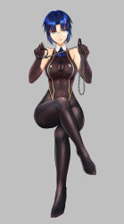  1girl alternate_costume ascot axia-chan bare_shoulders blue_eyes blue_hair breasts chain chain_leash chain ciel_(tsukihime) cleavage collar commission covered_navel elbow_gloves glasses gloves grey_background invisible_chair large_breasts leash crossed_legs leotard pantyhose short_hair sitting smile solo tsukihime  rating:Sensitive score:24 user:danbooru