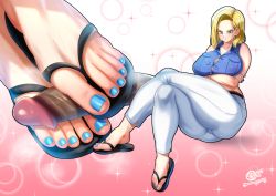  1girl android_18 blonde_hair blue_eyes blue_nails breasts censored closed_mouth commission crossed_arms crossed_legs denim dragon_ball dragon_ball_super dragonball_z earrings feet flip-flops foot_focus footjob full_body jeans jewelry k.ty_(amejin) large_breasts legs looking_at_viewer nail_polish pants penis sandaljob sandals shoejob short_hair sitting smile soles solo solo_focus toenail_polish toenails toes torn_clothes  rating:Explicit score:147 user:danbooru