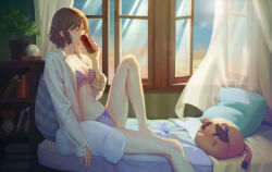  1girl absurdres bare_legs barefoot bed bra breasts brown_eyes brown_hair can curtains day dress_shirt drinking food highres higuchi_madoka holding idolmaster idolmaster_shiny_colors indoors lingerie long_hair long_sleeves looking_at_viewer medium_breasts navel no_pants on_bed open_clothes open_shirt panties pillow shirt short_hair sitting solo stomach sunlight theleopardcat underwear underwear_only white_shirt window 