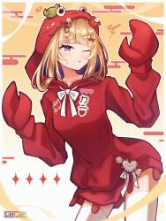  1girl amanogawa_shiina amanogawa_shiina_(2nd_costume) artist_name blonde_hair bow collarbone colored_inner_hair crab_claw crab_hair_ornament crab_on_head hair_bow hair_ornament heart heart_hair_ornament highres hood hoodie lidzi long_hair multicolored_hair no_pants one_eye_closed phase_connect pink_bow purple_eyes red_bow red_hoodie scissors_hair_ornament solo star_(symbol) star_print thighhighs virtual_youtuber white_bow white_thighhighs  rating:Sensitive score:3 user:danbooru