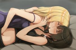 2girls bare_arms bare_shoulders bed_sheet black_hair blonde_hair blush bow breast_press breasts camisole cleavage clothes_pull closed_eyes fingering french_kiss from_side fumei_(mugendai) girl_on_top groin hair_bow hand_under_clothes implied_fingering kiss long_hair lying maribel_hearn medium_breasts multiple_girls navel nightgown nose_blush on_back on_bed on_stomach profile sideboob small_breasts stomach strap_slip sweat touhou usami_renko white_bow yuri rating:Questionable score:71 user:danbooru