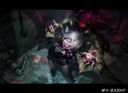  1girl 1other absurdres artist_name belt black_belt black_border blood_on_ground border briar_(league_of_legends) chinese_commentary colored_sclera colored_tips fingernails grey_hair hair_between_eyes highres indoors jinji_mt league_of_legends long_hair looking_at_viewer multicolored_hair no_pupils open_mouth pillory pink_hair pink_sclera pointy_ears sharp_fingernails sharp_teeth sidelocks smile solo_focus standing streaked_hair teeth two-tone_hair vampire water white_eyes 