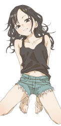  1girl absurdres bare_arms bare_shoulders barefoot black_camisole black_hair blue_shorts camisole collarbone commentary_request cutoffs denim denim_shorts grey_eyes highres long_hair looking_at_viewer navel original parted_bangs short_shorts shorts simple_background smile solo white_background yamamoto_souichirou 