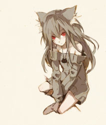  1girl :&lt; animal_ears banpai_akira bare_shoulders black_hair boots cat_ears character_request from_above full_body jewelry long_hair long_sleeves looking_up necklace red_eyes sitting sleeves_past_wrists solo sweater  rating:Sensitive score:6 user:danbooru