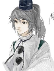  1girl black_ribbon blue_hat closed_mouth commentary detached_sleeves flat_chest grey_hair hat highres japanese_clothes kariginu long_sleeves mononobe_no_futo neck_ribbon nose pom_pom_(clothes) ponytail ribbon simple_background sketch smile solo tate_eboshi touhou tuoxie60112 white_background white_sleeves 