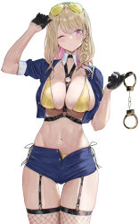  1girl ;) absurdres aviator_sunglasses black_gloves blonde_hair blue_shorts blush braid clenched_teeth commentary_request cuffs eyewear_on_head fishnet_thighhighs fishnets gloves handcuffs highres looking_at_viewer midriff mole mole_under_eye one_eye_closed open_mouth original police police_uniform policewoman renge_(730) shorts side-tie_shorts side_braid simple_background smile solo sunglasses teeth thighhighs tinted_eyewear unbuttoned uniform white_background yellow-tinted_eyewear  rating:Sensitive score:27 user:danbooru