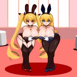 2girls anger_vein angry animal_ears animated animated_gif assisted_exposure azur_lane black_legwear blonde_hair blue_eyes bouncing_breasts breasts rabbit_ears rabbit_tail crossed_legs fake_animal_ears garter_straps happy heart_pasties high_heels indoors large_breasts leaning_forward crossed_legs leotard long_hair multiple_girls nelson_(azur_lane) north_carolina_(azur_lane) pantyhose pasties pixel_art playboy_bunny raccoon_(potesara) red_eyes tail thighhighs twintails watson_cross rating:Questionable score:411 user:cheezeit