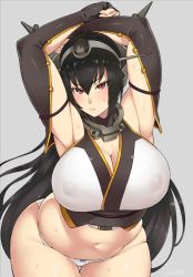 10s 1girl armpits arms_up artist_name belly black_hair blush bow bow_panties breasts cleavage covered_erect_nipples curvy fingerless_gloves gloves grey_background huge_breasts kantai_collection long_hair looking_at_viewer md5_mismatch nagato_(kancolle) navel panties plump puffy_nipples red_eyes simple_background skindentation solo sweat thigh_gap underwear very_long_hair white_panties wide_hips zonda_(solid_air) rating:Questionable score:86 user:Marcerner