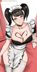  1girl absurdres alternate_breast_size apron black_choker black_hair breasts brown_eyes candy chocolate chocolate_heart chocolate_on_body chocolate_on_breasts choker cleavage closed_mouth collarbone food food_on_body hand_up heart highres kawakami_sadayo large_breasts looking_at_viewer maid_apron maid_headdress nero_watch patreon_logo patreon_username persona persona_5 short_sleeves sitting solo thighhighs twintails watermark web_address white_thighhighs 